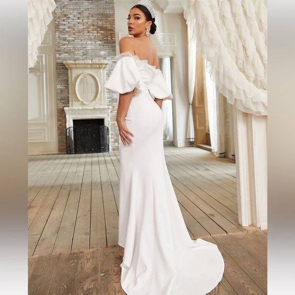 Giffniseti Off Shoulder Contrast Mesh Mermaid Hem Wedding Dress nwt - Picture 3 of 6